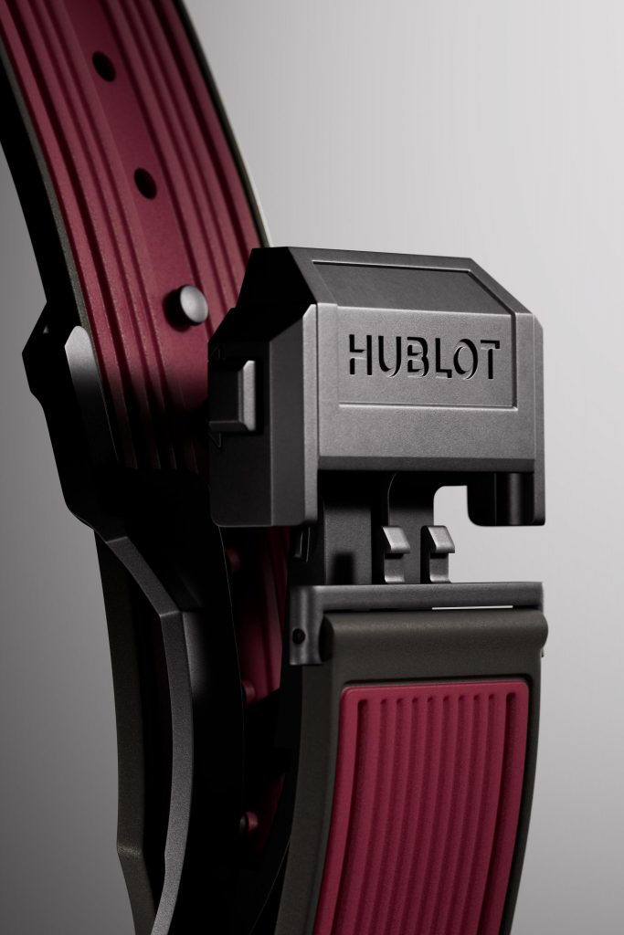 Hublot Big Bang e Fifa World Cup Qatar 2022 Edition with burgundy color strap and black ceramic.